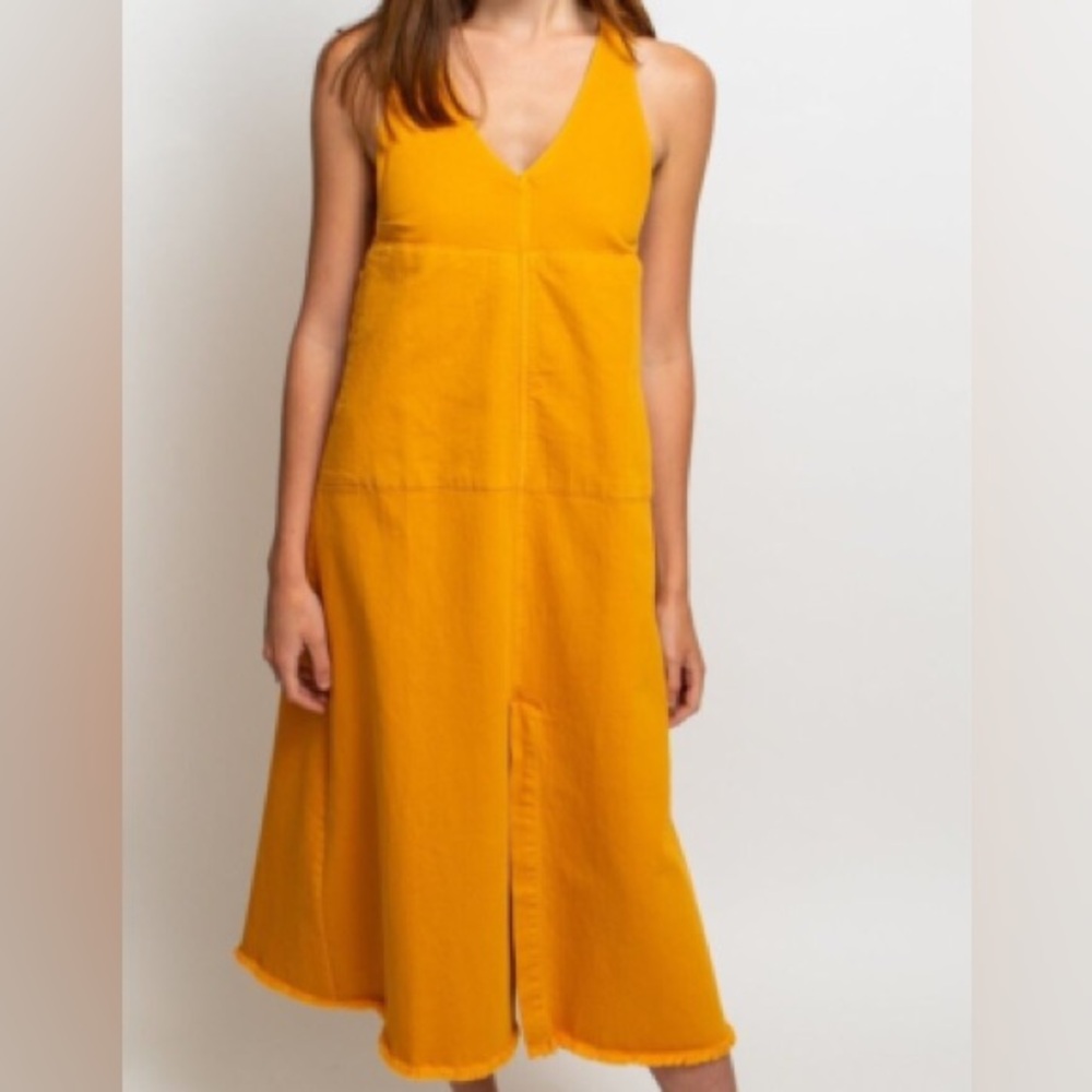 Rachel Comey Sleeveless V Neck Mustard Yellow Denim Midi Dress, Size 12